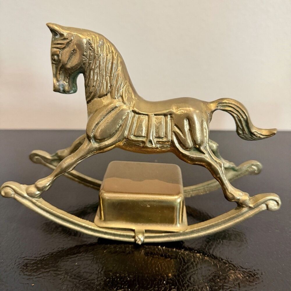 Vintage Brass Rocking Horse Wind Up Music Box Nursery Decor WORKS